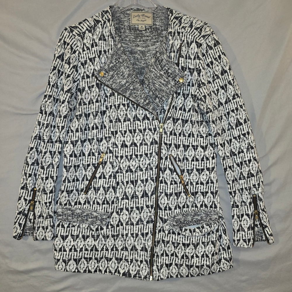 Lucky Brand Moto Jacket Medium Women Black White Geometric Knit Asymmetrical Zip